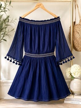 Lilly Pulitzer Joelle Navy Off Shoulder Tassel Mini Dress Women’s M